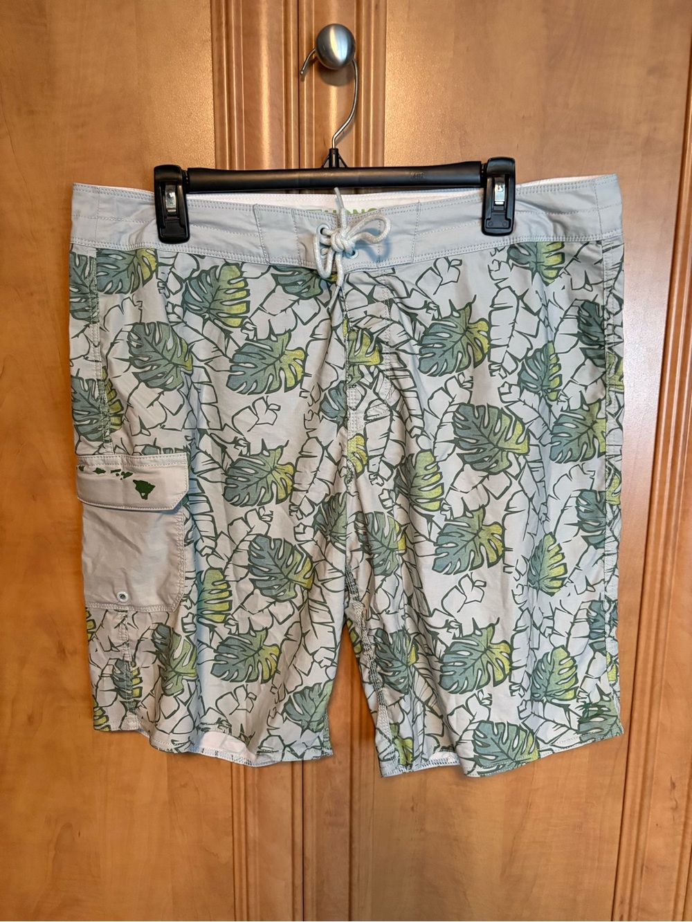 Honolua Hawaii Men's Tropical Leaf Print Swim Board Shorts in Light Green